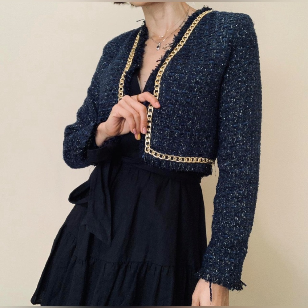 NWOT Christian Lacroix Navy and Gold Metallic Tweed Cropped Blazer | Small - Picture 13 of 13